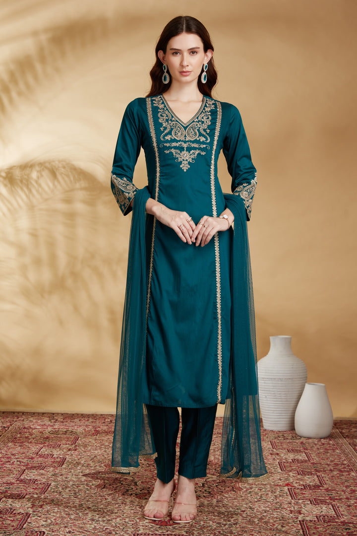 Teal Embroidered Straight Ethnic Set