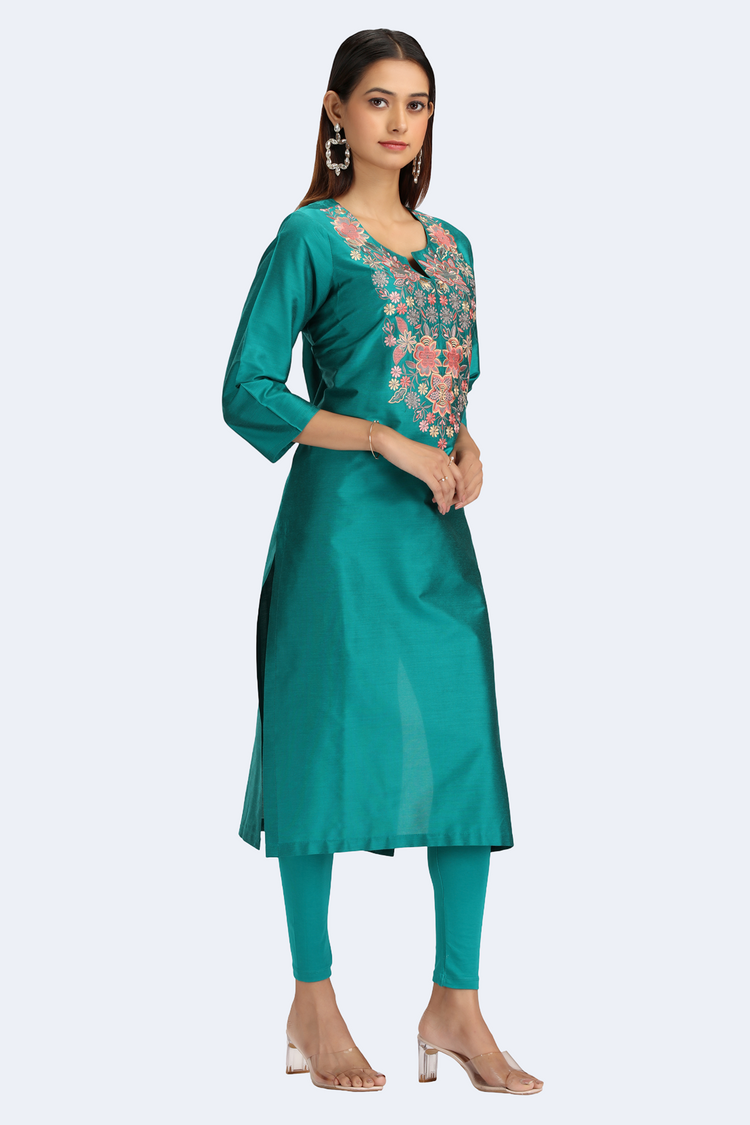 Teal PolySilk Embroidered Straight Kurta
