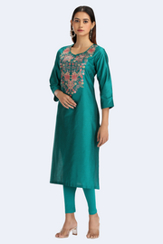 Teal PolySilk Embroidered Straight Kurta