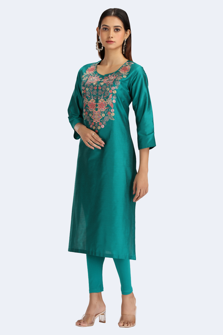 Teal PolySilk Embroidered Straight Kurta