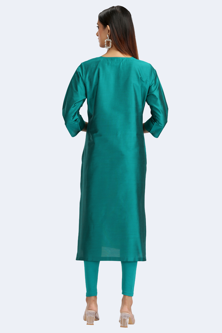 Teal PolySilk Embroidered Straight Kurta