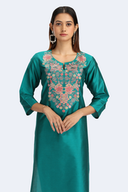Teal PolySilk Embroidered Straight Kurta