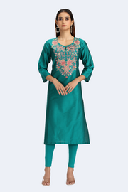 Teal PolySilk Embroidered Straight Kurta
