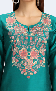 Teal PolySilk Embroidered Straight Kurta