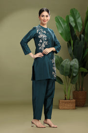 Teal PolySilk Embroidered Straight Kurta Pant Co ord Set