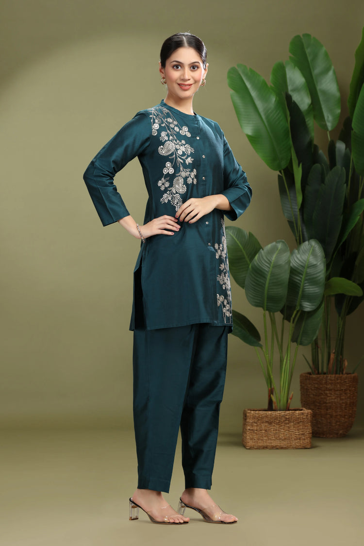 Teal PolySilk Embroidered Straight Kurta Pant Co ord Set
