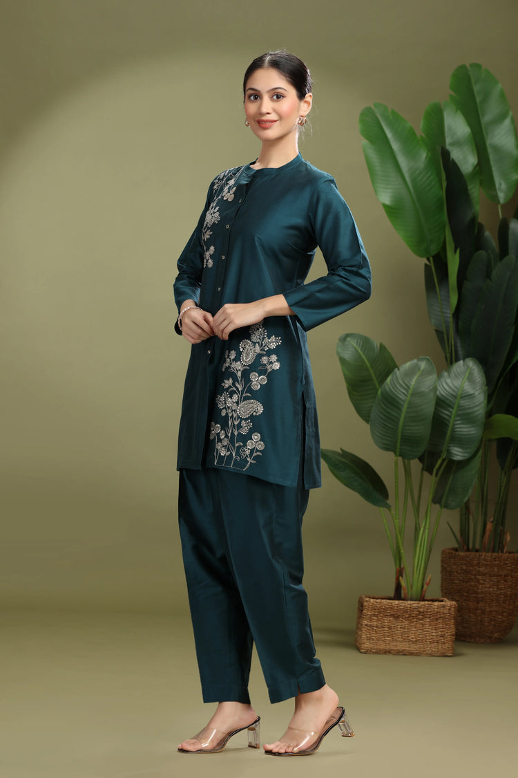 Teal PolySilk Embroidered Straight Kurta Pant Co ord Set