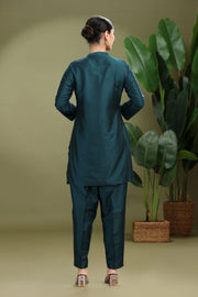 Teal PolySilk Embroidered Straight Kurta Pant Co ord Set