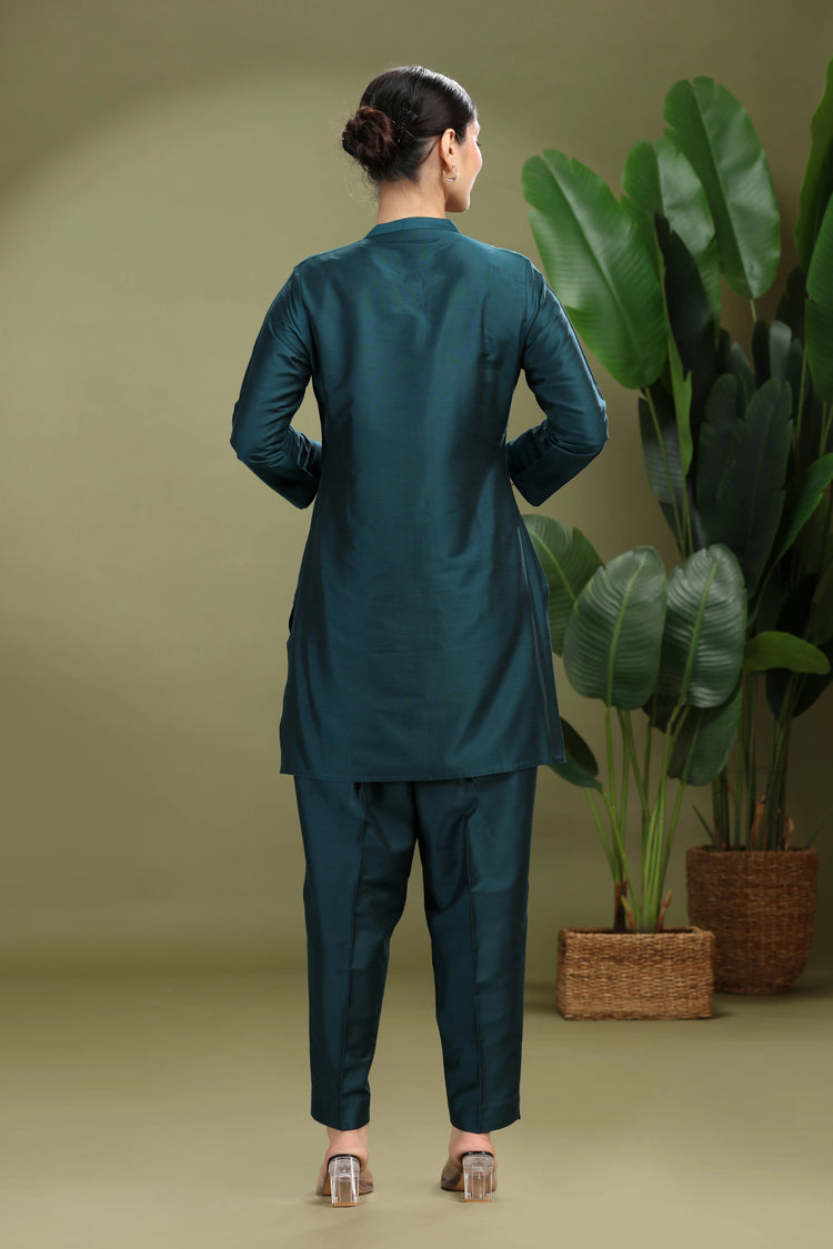 Teal PolySilk Embroidered Straight Kurta Pant Co ord Set