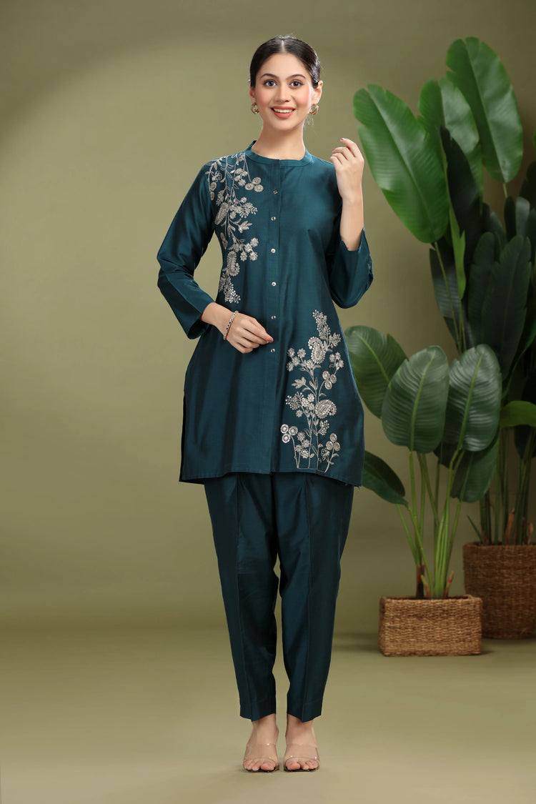 Teal PolySilk Embroidered Straight Kurta Pant Co ord Set
