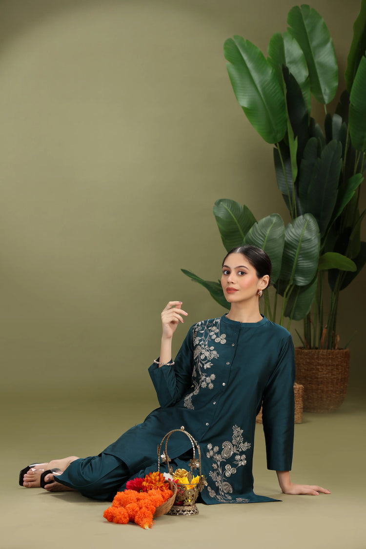Teal PolySilk Embroidered Straight Kurta Pant Co ord Set