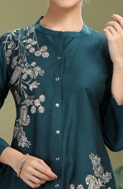 Teal PolySilk Embroidered Straight Kurta Pant Co ord Set
