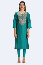 Teal PolySilk Embroidered Straight Kurta