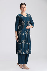 Teal Roman Silk Embroidered Straight Kurta Pant Co ord Set