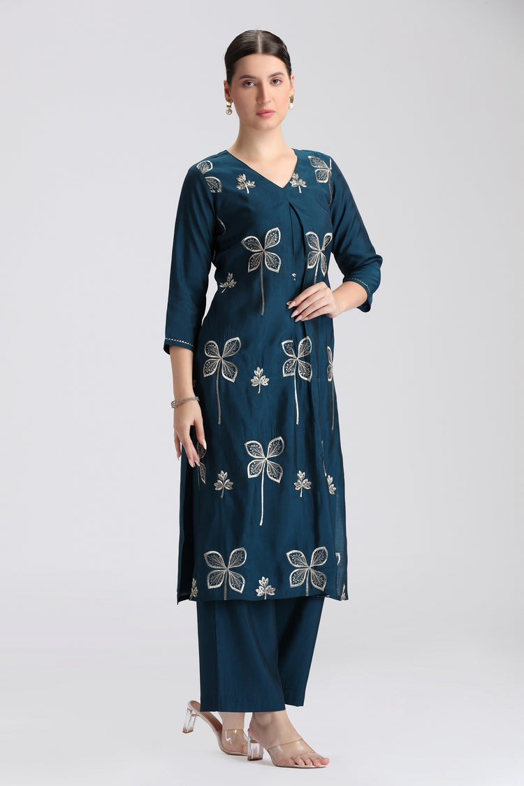 Teal Roman Silk Embroidered Straight Kurta Pant Co ord Set