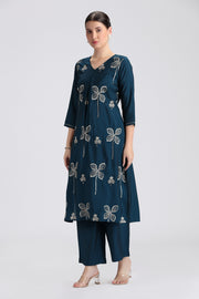 Teal Roman Silk Embroidered Straight Kurta Pant Co ord Set