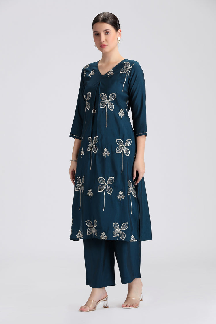Teal Roman Silk Embroidered Straight Kurta Pant Co ord Set