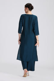 Teal Roman Silk Embroidered Straight Kurta Pant Co ord Set