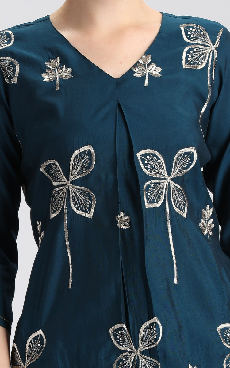 Teal Roman Silk Embroidered Straight Kurta Pant Co ord Set