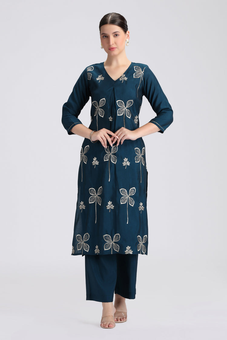 Teal Roman Silk Embroidered Straight Kurta Pant Co ord Set