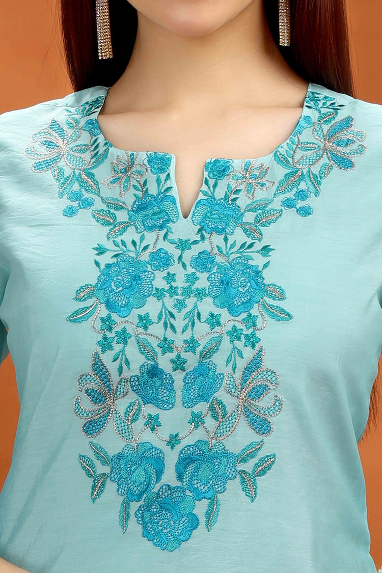 Teal Chanderi Straight Embroidered Kurta for women and girls