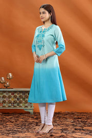 Teal Chanderi Straight Embroidered Kurta for women and girls