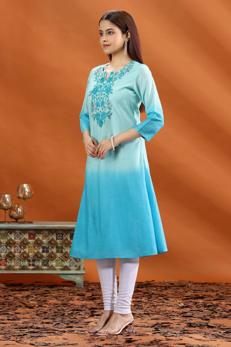 Teal Chanderi Straight Embroidered Kurta for women and girls
