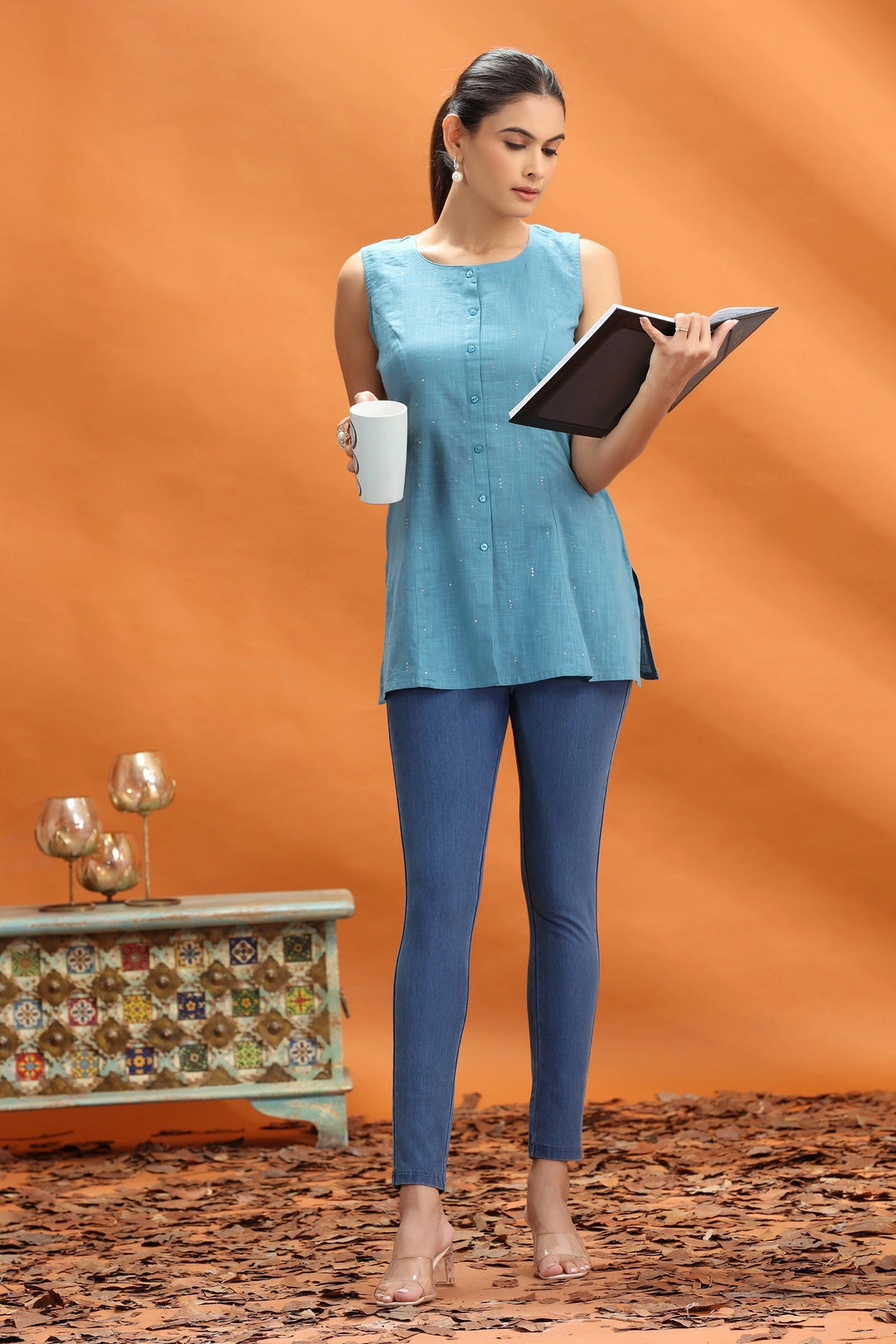 Shop Teal Slub Cotton Straight Short Kurti Online at