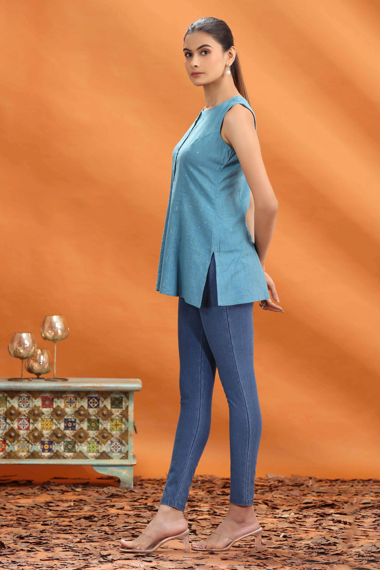 Teal Slub Cotton Straight Short Kurti for women and girls