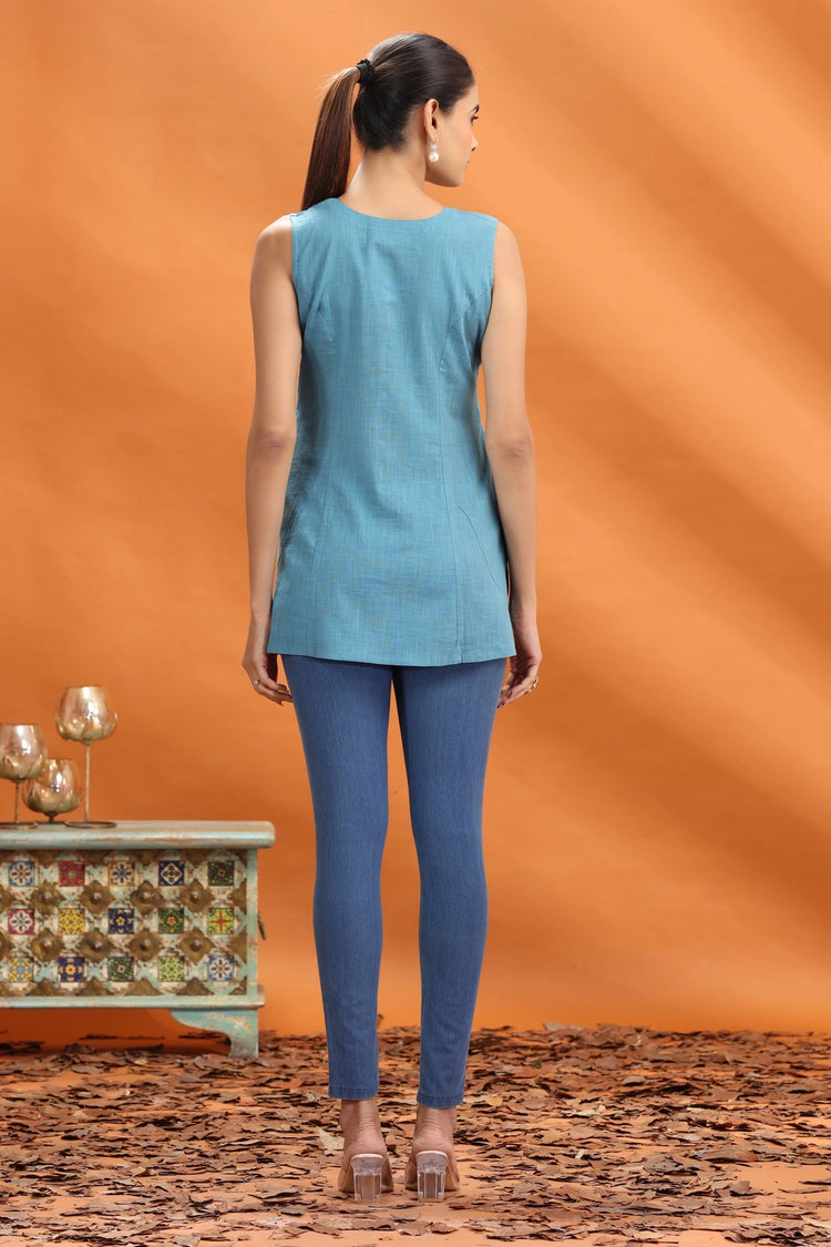 Teal Slub Cotton Straight Short Kurti for women and girls