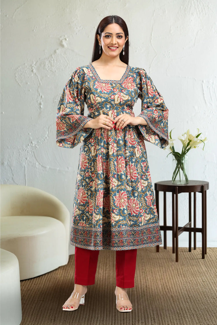 Teal Jaipuri Cotton Gathered Printed Kurta