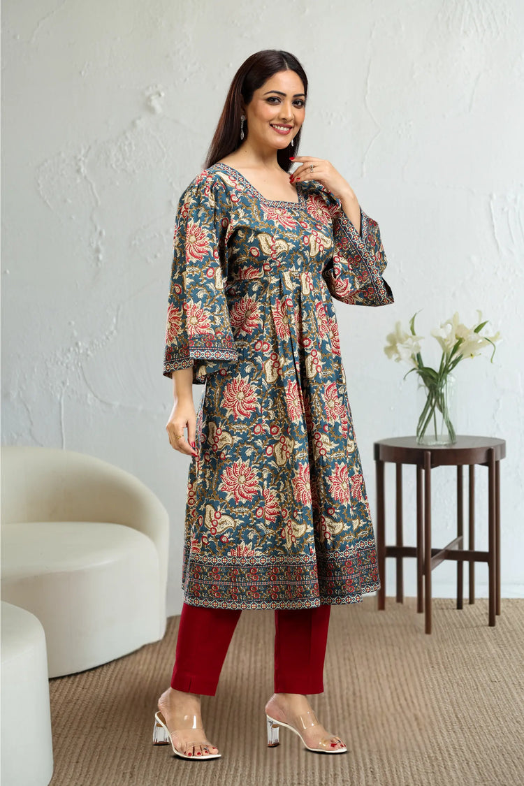 Teal Jaipuri Cotton Gathered Printed Kurta