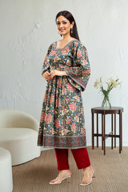 Teal Jaipuri Cotton Gathered Printed Kurta
