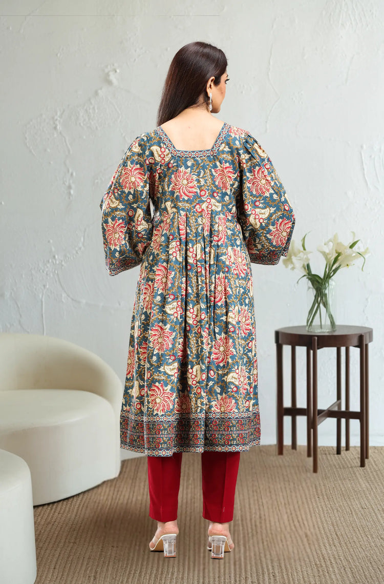 Teal Jaipuri Cotton Gathered Printed Kurta