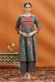 Teal & Pink Jaipuri Cotton Printed Straight Kurta and Pant Set
