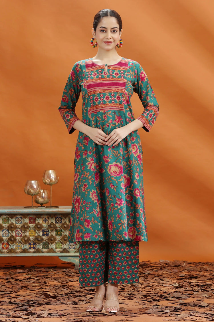 Teal & Pink Jaipuri Cotton Printed Straight Kurta and Pant Set