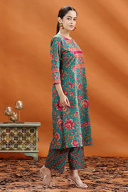 Teal & Pink Jaipuri Cotton Printed Straight Kurta and Pant Set