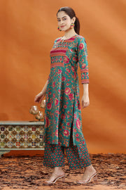 Teal & Pink Jaipuri Cotton Printed Straight Kurta and Pant Set