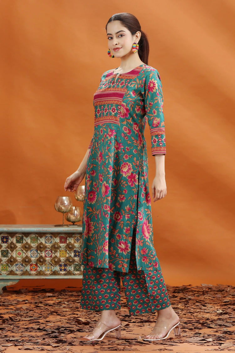 Teal & Pink Jaipuri Cotton Printed Straight Kurta and Pant Set