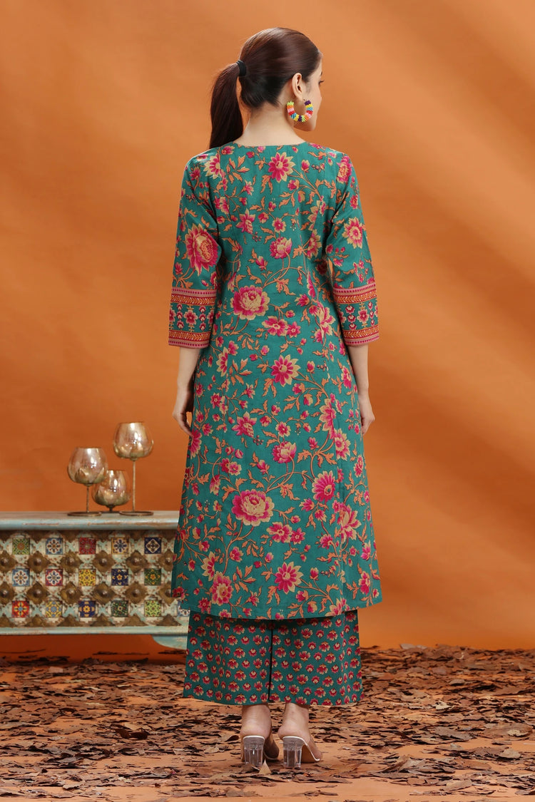 Teal & Pink Jaipuri Cotton Printed Straight Kurta and Pant Set
