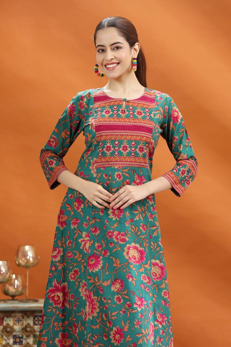 Teal & Pink Jaipuri Cotton Printed Straight Kurta and Pant Set