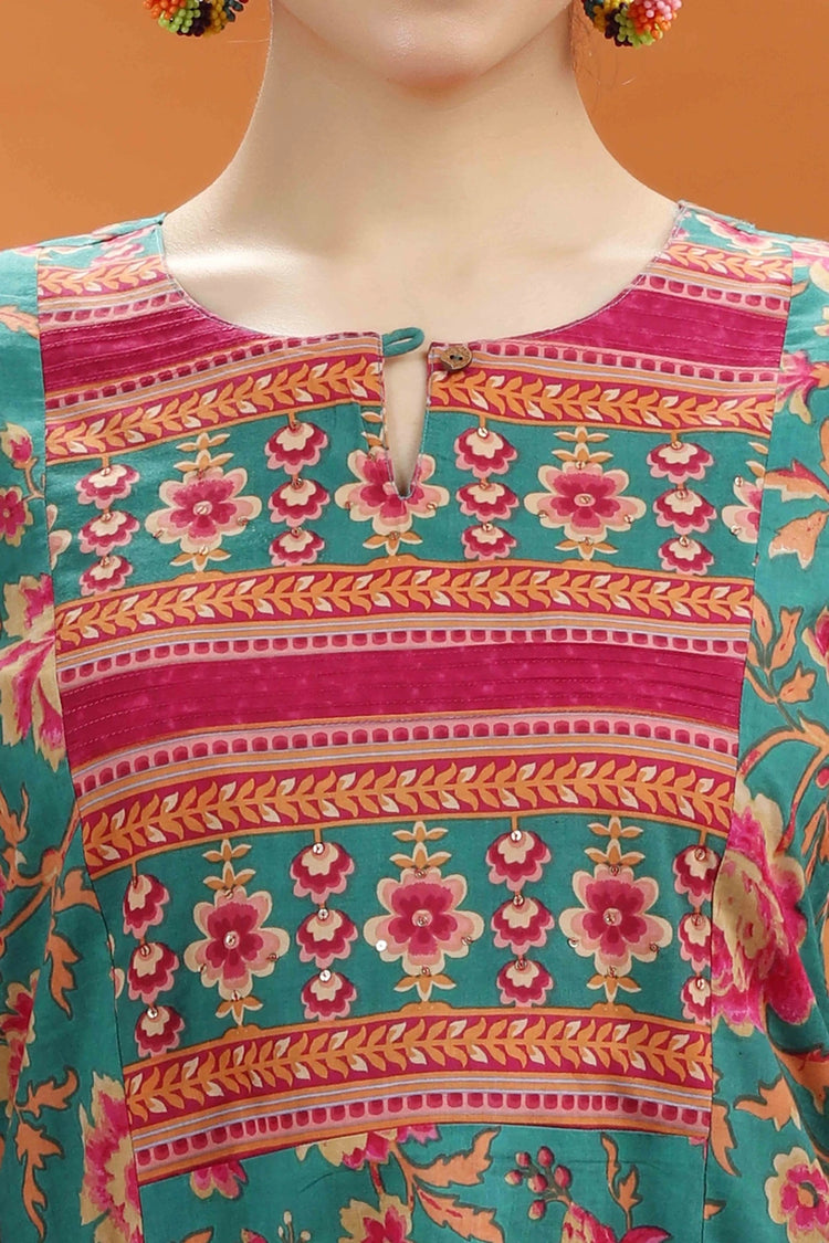Teal & Pink Jaipuri Cotton Printed Straight Kurta and Pant Set