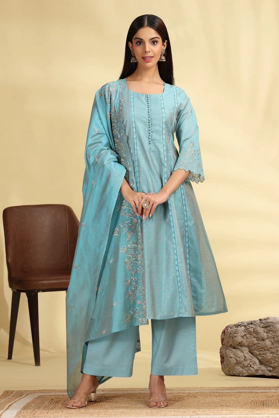 Turquoise Chanderi Kalidar Embroidered Kurta Palazzo and Dupatta Suit Set