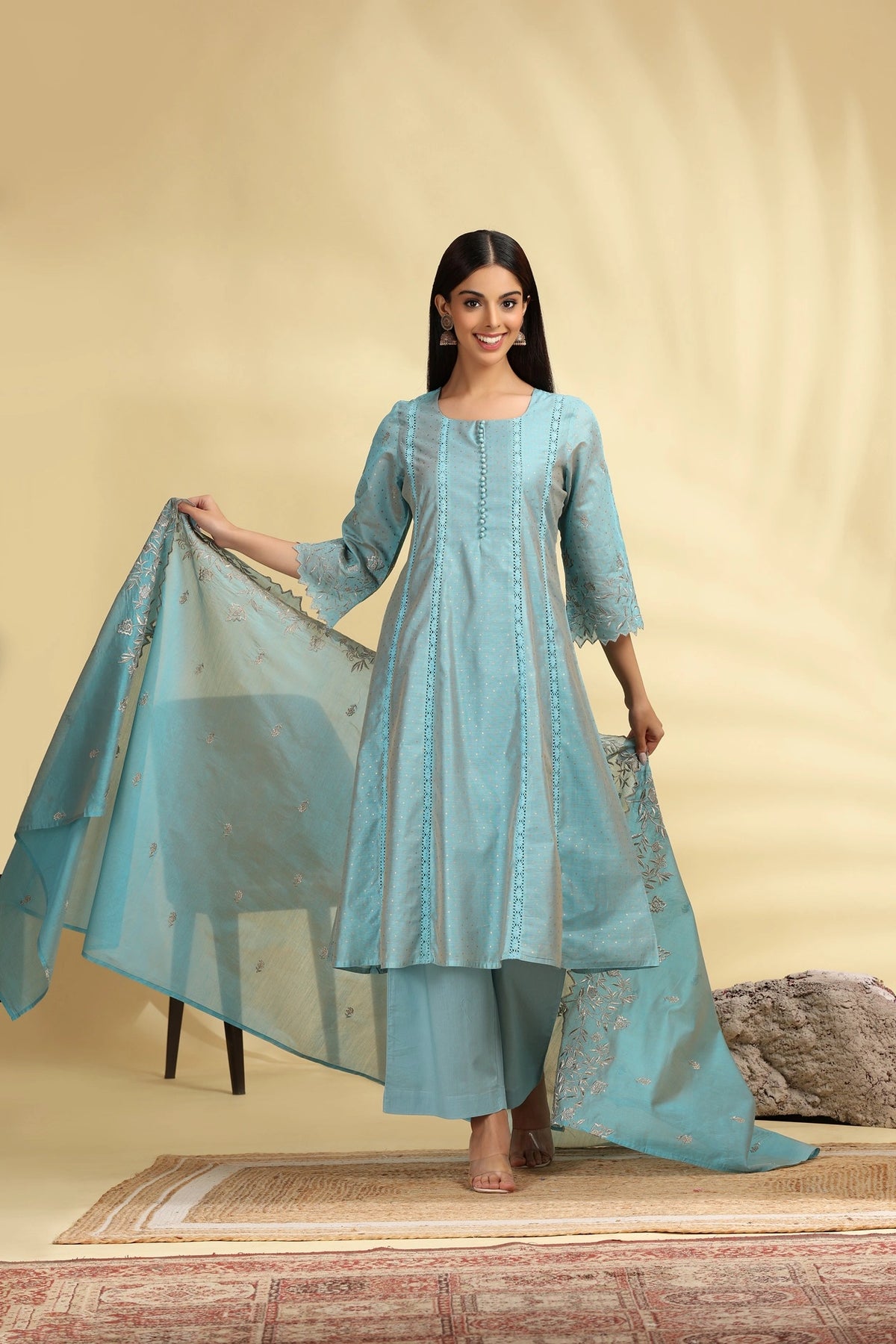 Turquoise Chanderi Kalidar Embroidered Kurta Palazzo and Dupatta Suit Set for women 