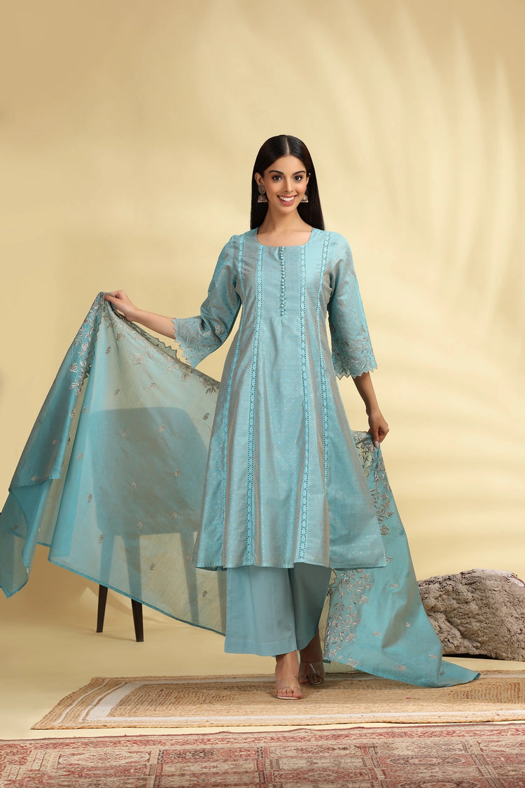 Turquoise Chanderi Kalidar Embroidered Kurta Palazzo and Dupatta Suit Set for women 