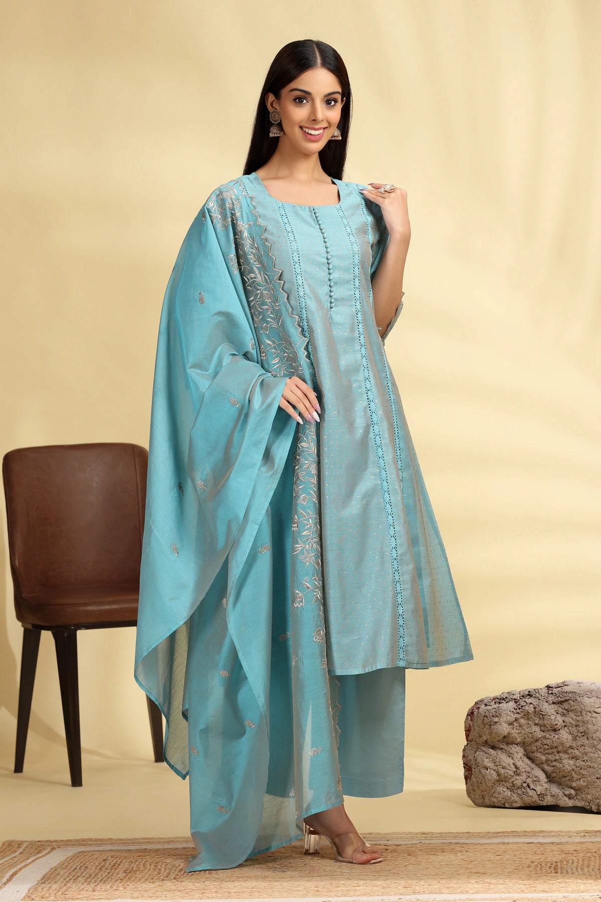 Turquoise Chanderi Kalidar Embroidered Kurta Palazzo and Dupatta Suit Set for women 