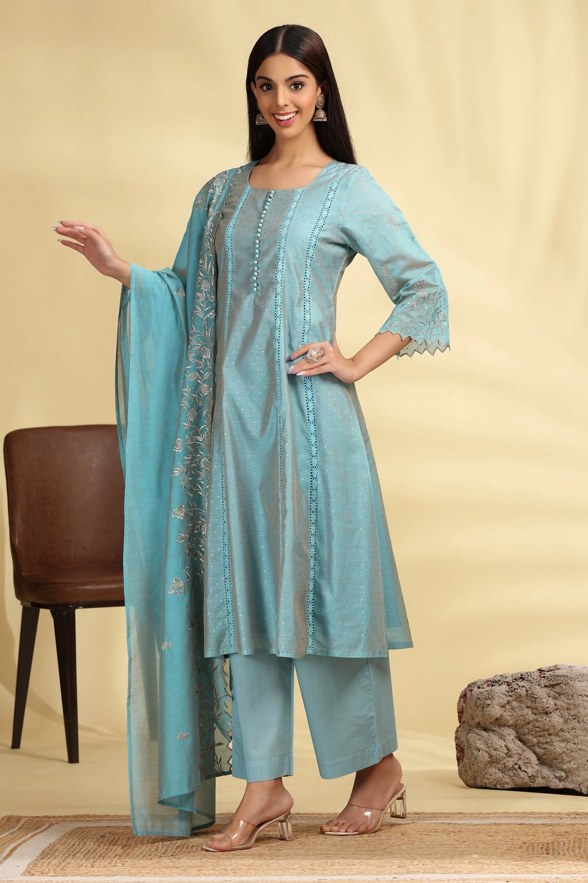 Turquoise Chanderi Kalidar Embroidered Kurta Palazzo and Dupatta Suit Set for women 