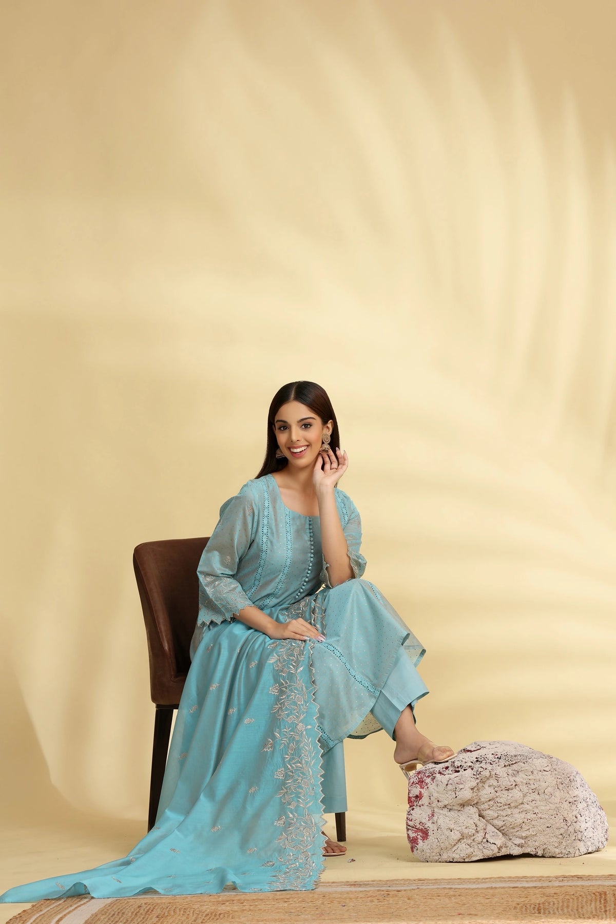 Turquoise Chanderi Kalidar Embroidered Kurta Palazzo and Dupatta Suit Set for women 