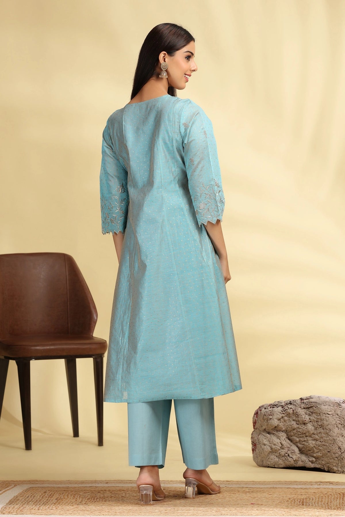 Turquoise Chanderi Kalidar Embroidered Kurta Palazzo and Dupatta Suit Set for women 