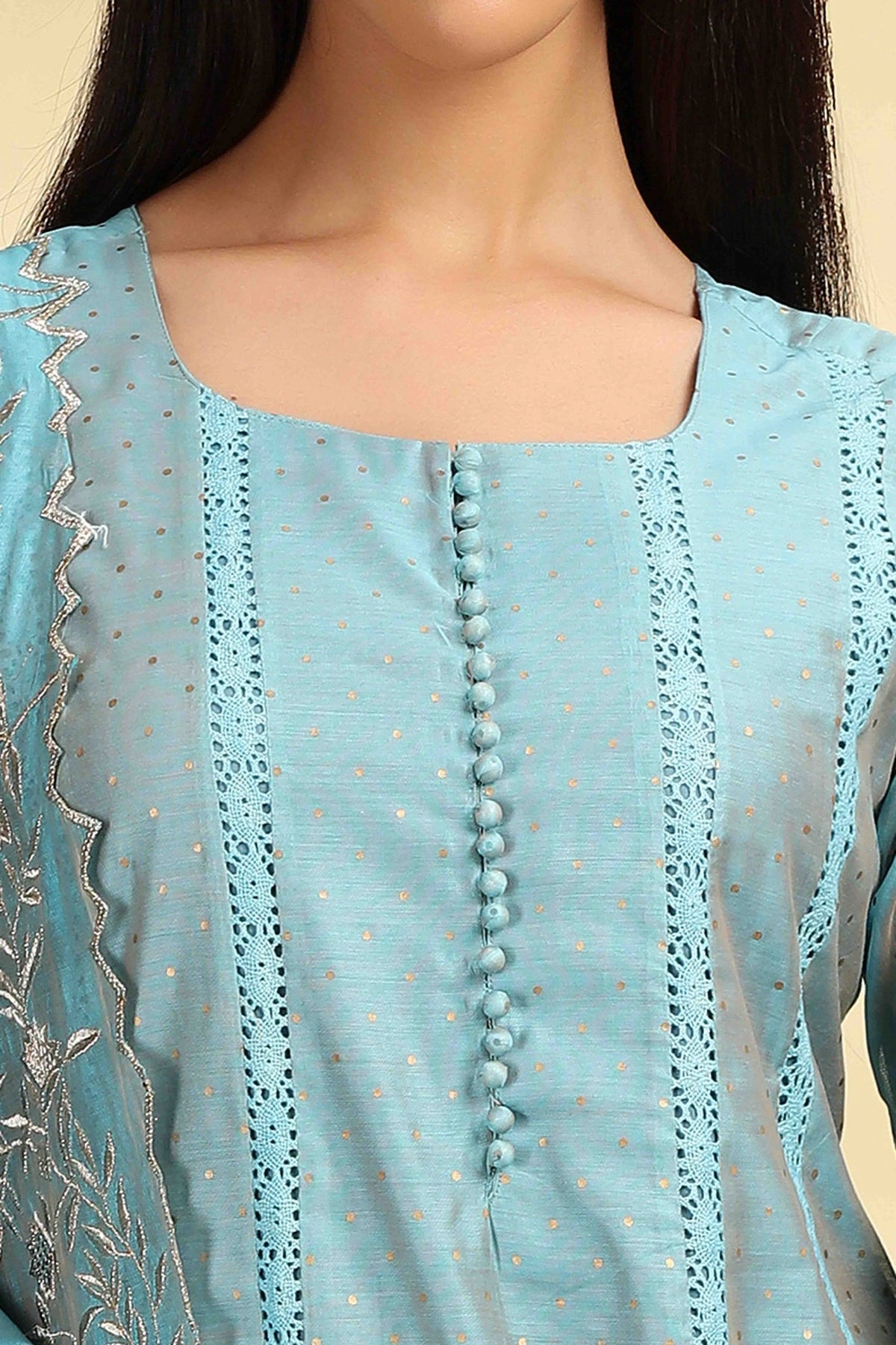 Turquoise Chanderi Kalidar Embroidered Kurta Palazzo and Dupatta Suit Set for women 